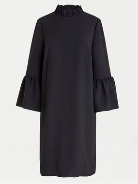 J.Crew Ruffle Neck Bell Sleeve Shift Dress Women 14 Black AK212 LBD Crepe Party